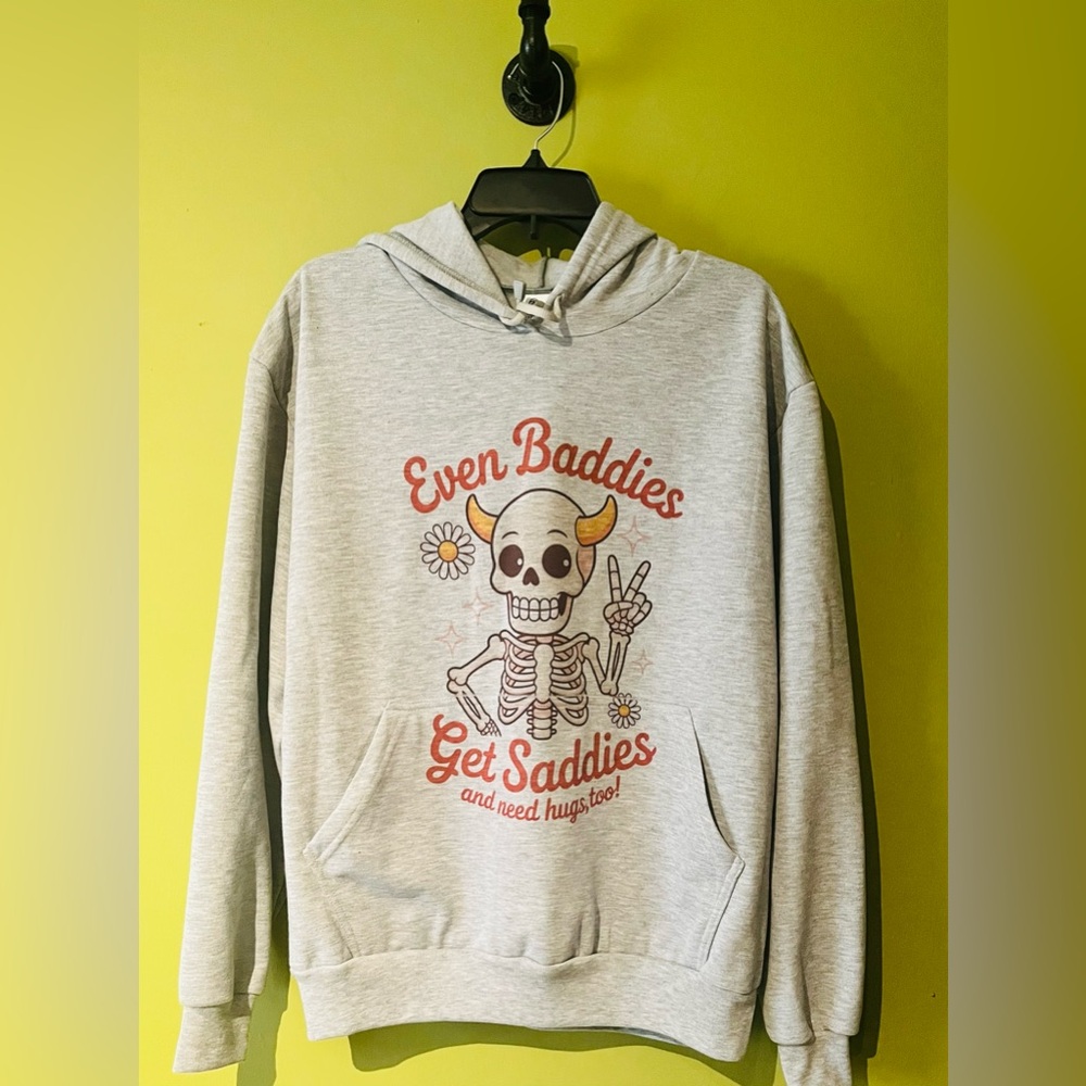Vapor Gray Graphic Hoodie Unisex Medium Custom Dye Print Skeleton NWOT Baddies